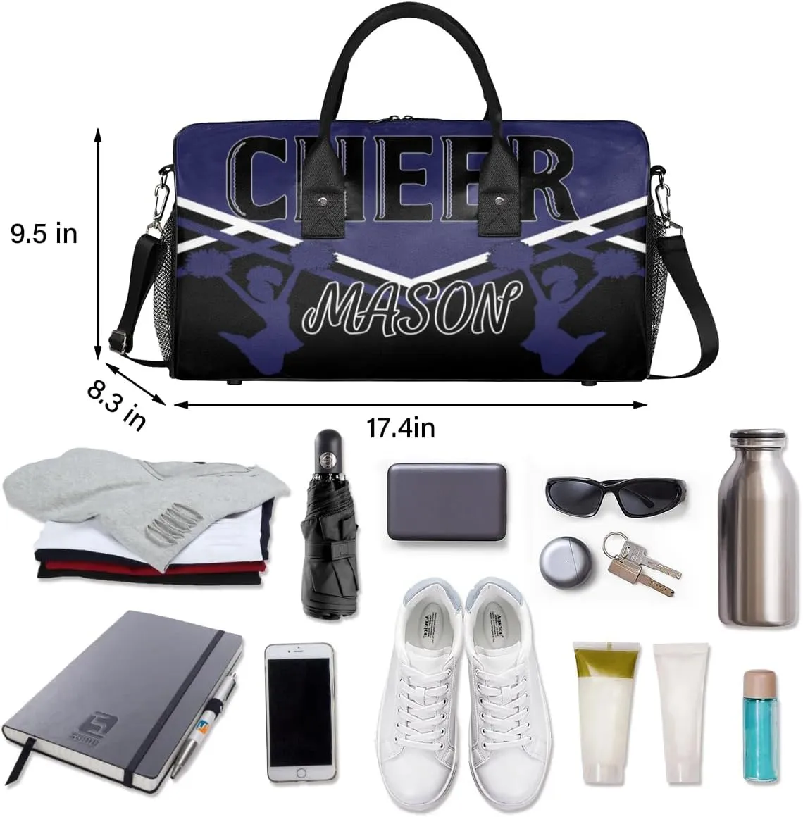 Custom Cheer Bags for Cheerleaders, Personalized Name Sport Gym Duffel Bags, Custom Travel Overnight Weekender Bag Personalized Cheerleading Gifts, Dark Navy