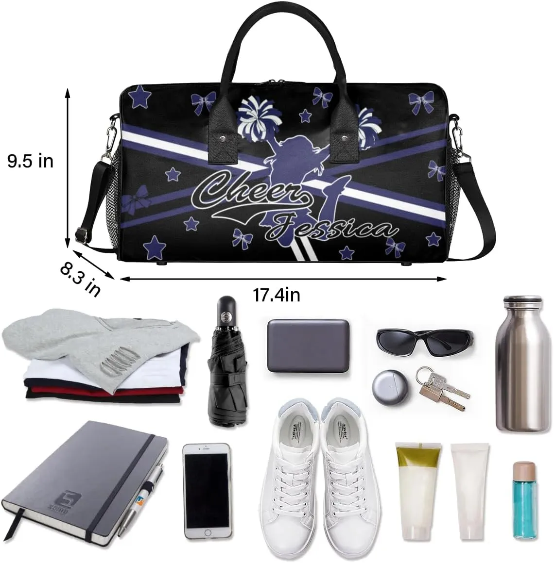 Custom Cheer Name Sport Duffel Bag Gym Bag Personalized Cheer Bags for Cheerleaders, Travel Overnight Weekender Bags, Dark Navy