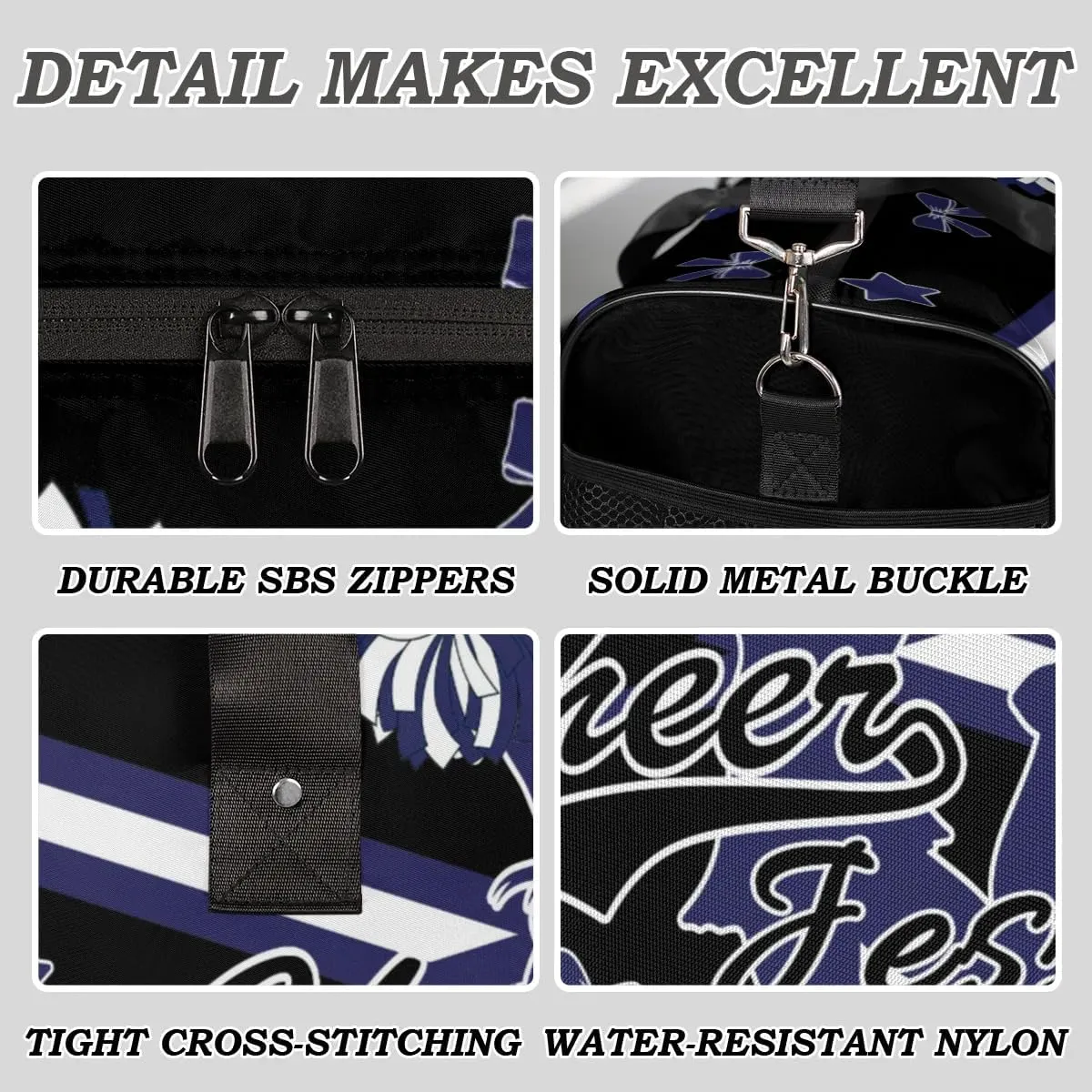 Custom Cheer Name Sport Duffel Bag Gym Bag Personalized Cheer Bags for Cheerleaders, Travel Overnight Weekender Bags, Dark Navy