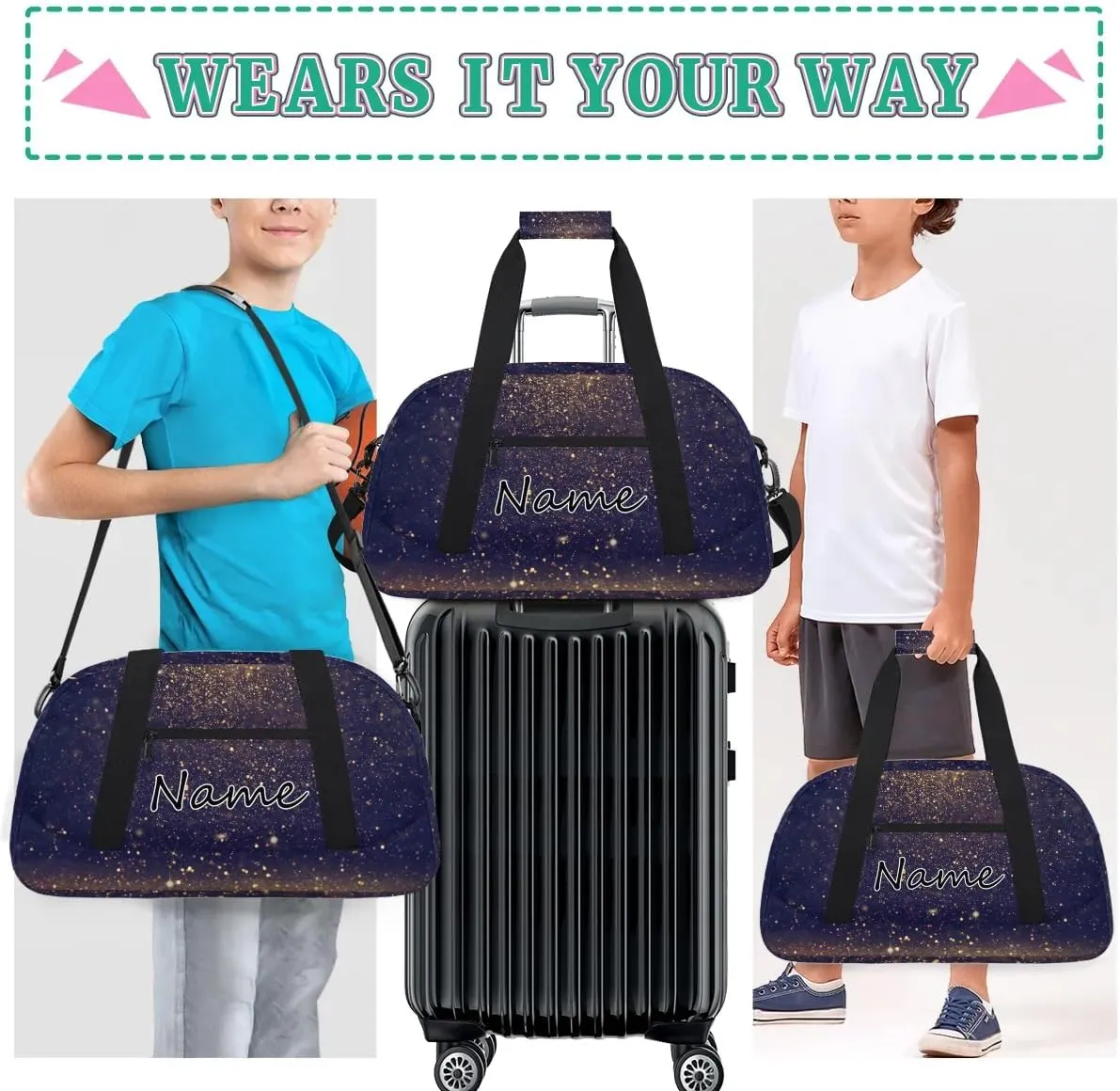 Custom Gym Bag for Women Men, Personalized Duffel Bag with Name, Small Sports Gym Bag Travel Duffle Bag Weekender Carry On Overnight Bags Navy Blue Gold Glitter