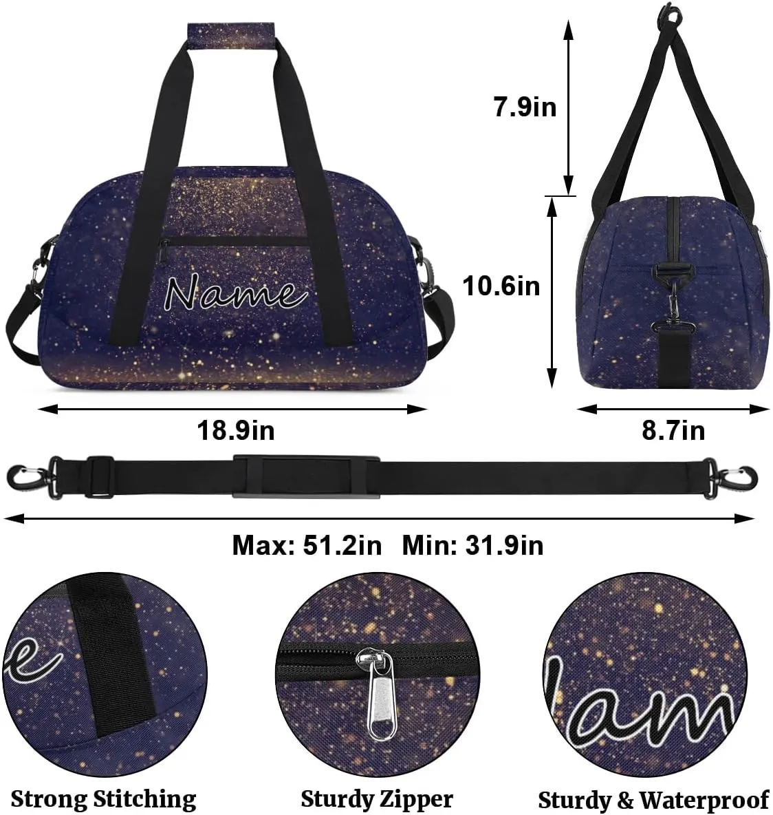 Custom Gym Bag for Women Men, Personalized Duffel Bag with Name, Small Sports Gym Bag Travel Duffle Bag Weekender Carry On Overnight Bags Navy Blue Gold Glitter