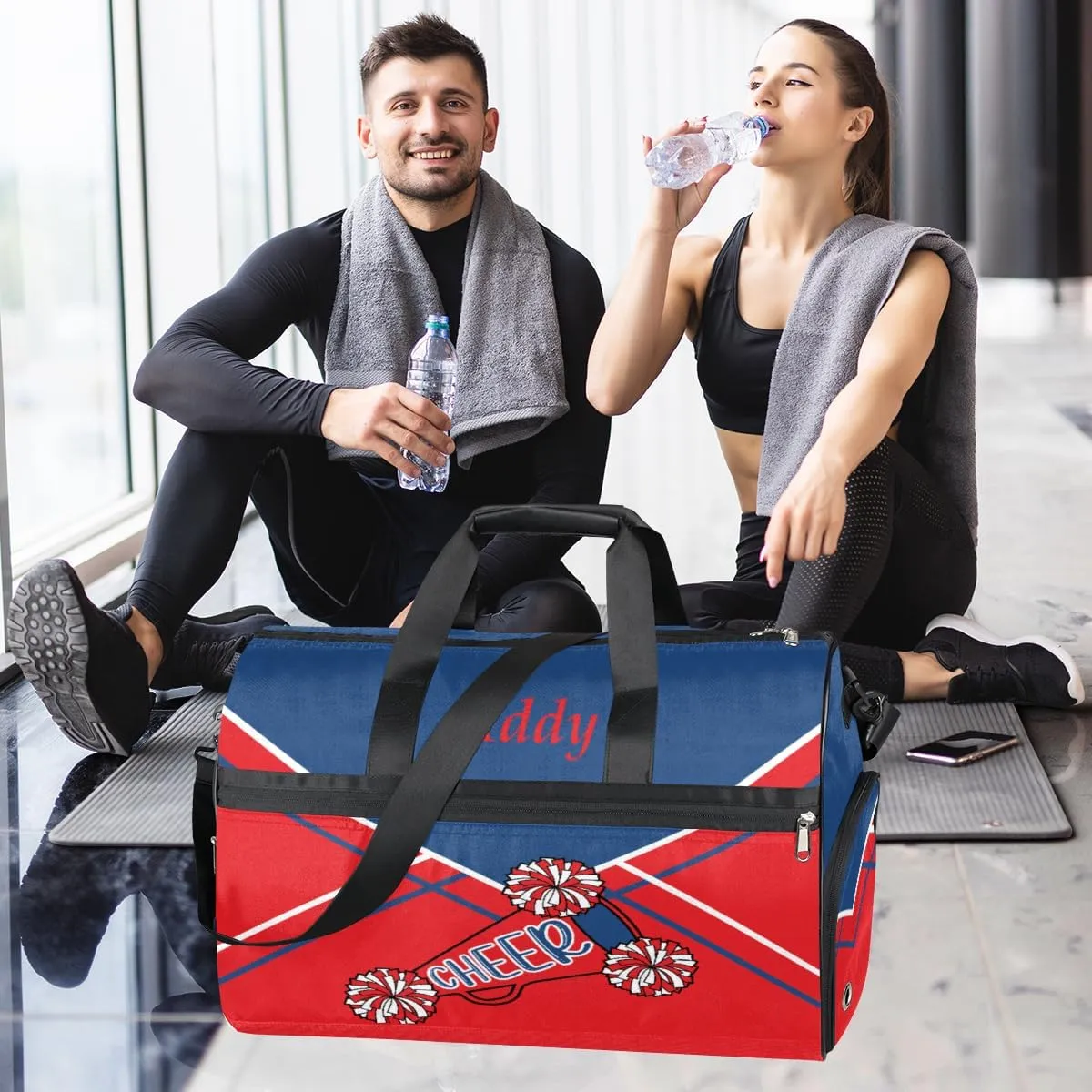 Custom Name Cheerleaders Duffel Bag for Girl Women, Personalized Sport Gym Bag with Shoes Compartment Dance Bag Yoga Overnight Weekender Bag Navy Blue Red Cheer