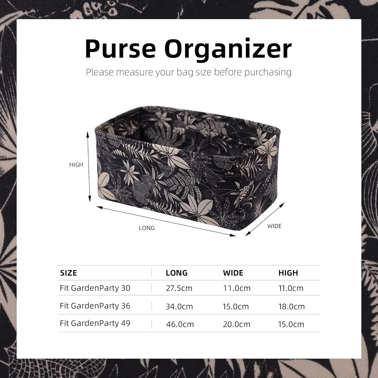 custom purse organizer or pillow insert for Garden Party 30/36/49 Bags,offering 72 pattern to choose