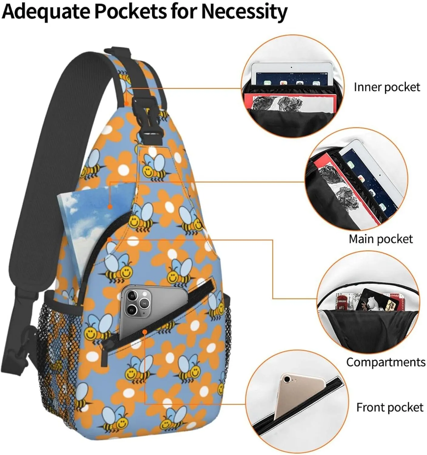 Cute bee flower Chest Bags Crossbody Sling Bag Shoulder Bag Travel Hiking Daypack For Men Women