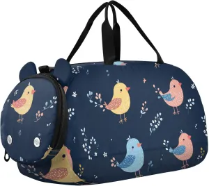 Cute Bird Navy Blue Kids Cute Gym Bag with Shoes Compartment Lightweight Weekend Overnight Carry on Bag for Boys and Girls
