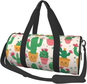 Cute Cactus Seamless Illustration Printed Sports Gym Bag for Men Women Foldable Duffel Bag Carry On Weekender Bag for Travel Sports