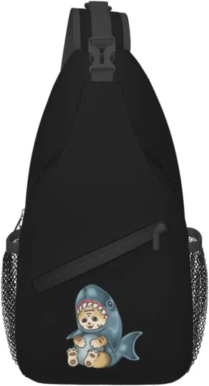 Cute Cat Put On A Shark Suit Crossbody Bags For Women Men Chest Backpack Gym Shoulder Bag Travel Outdoor Sports Casual Crossbody Bags
