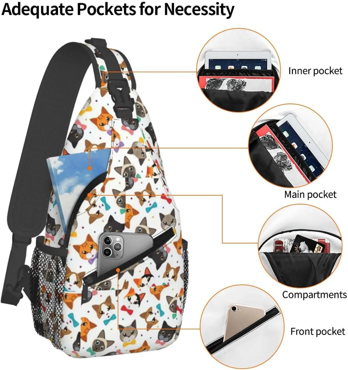 Cute Cat Sling Bags Women Men Lightweight Crossbody Cats Backpack Shoulder Bag for Sports Outdoor Chest Bag