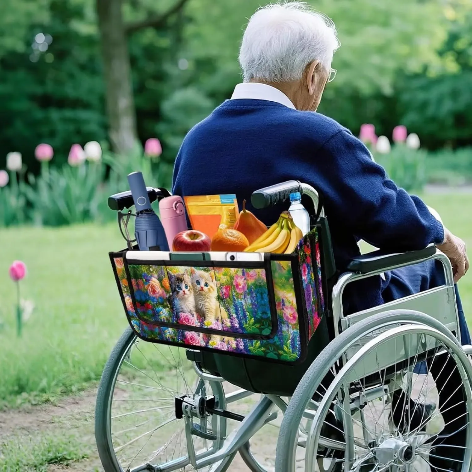 Cute Cats Flowers Rollator Bag with Storage Pockets Walker Basket Walker Accessories Walker Bags for Folding Walker for Elderly Gifts