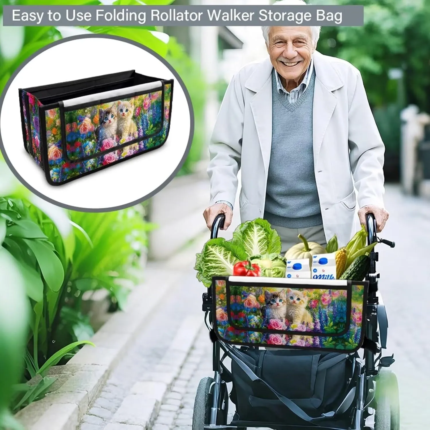 Cute Cats Flowers Rollator Bag with Storage Pockets Walker Basket Walker Accessories Walker Bags for Folding Walker for Elderly Gifts