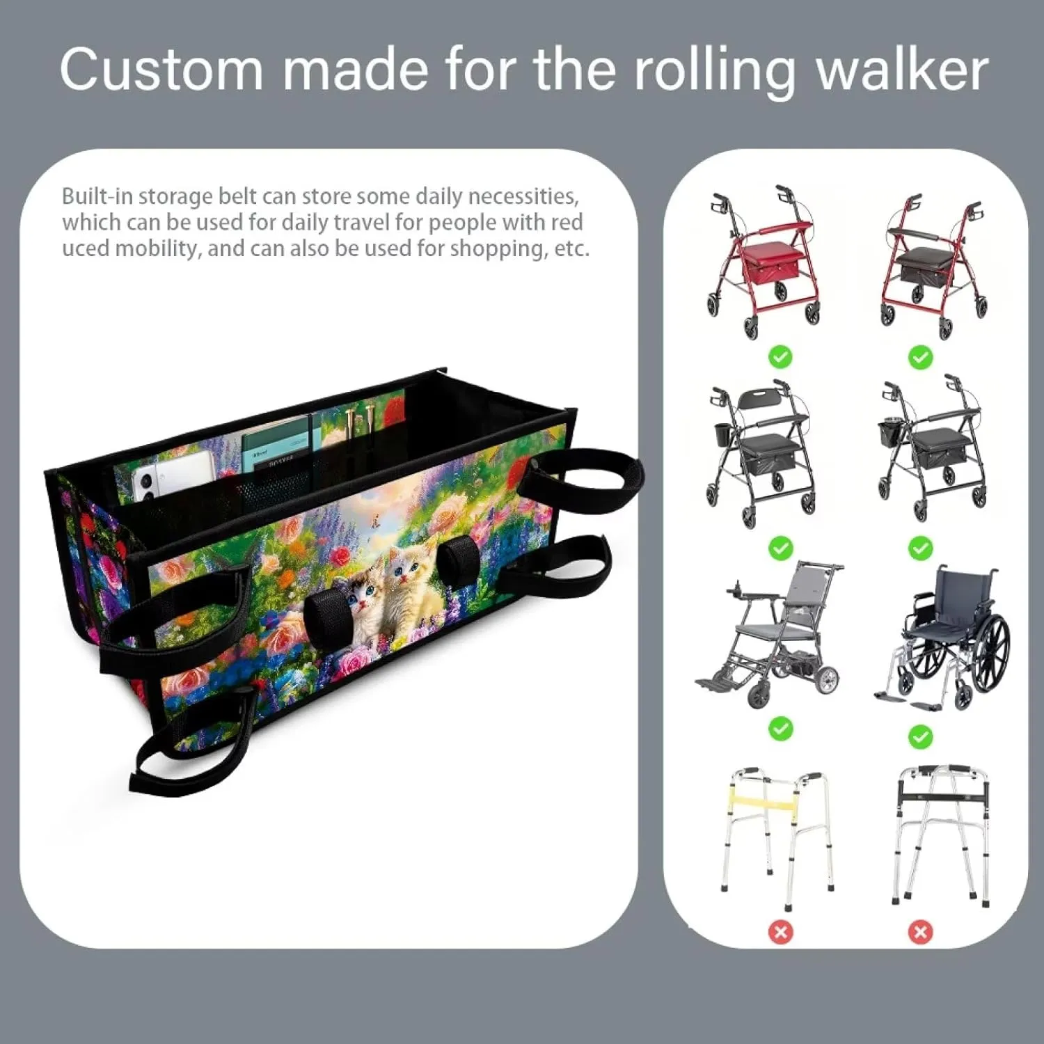 Cute Cats Flowers Rollator Bag with Storage Pockets Walker Basket Walker Accessories Walker Bags for Folding Walker for Elderly Gifts