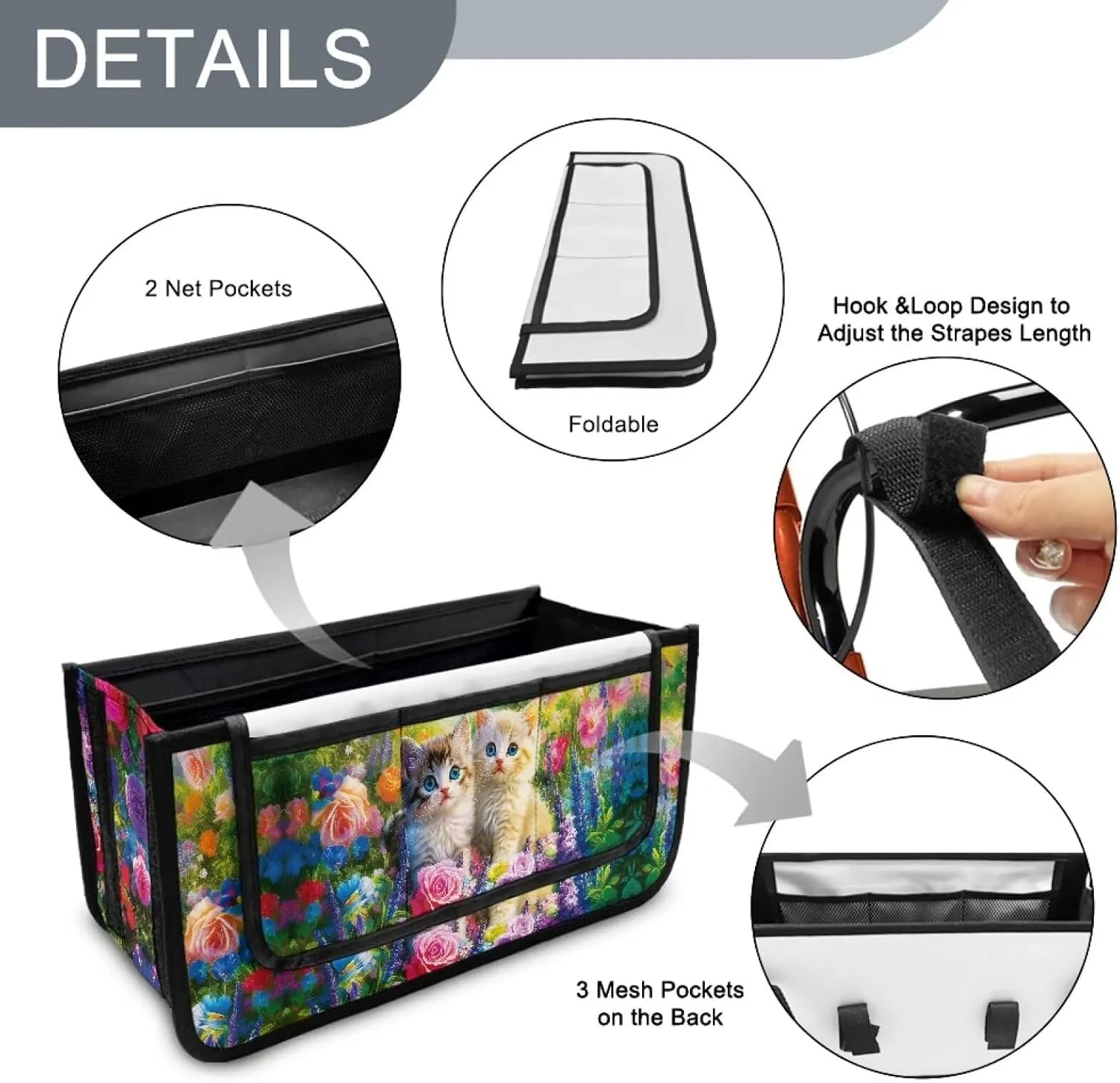 Cute Cats Flowers Rollator Bag with Storage Pockets Walker Basket Walker Accessories Walker Bags for Folding Walker for Elderly Gifts
