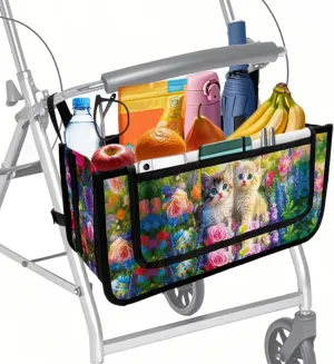 Cute Cats Flowers Rollator Bag with Storage Pockets Walker Basket Walker Accessories Walker Bags for Folding Walker for Elderly Gifts