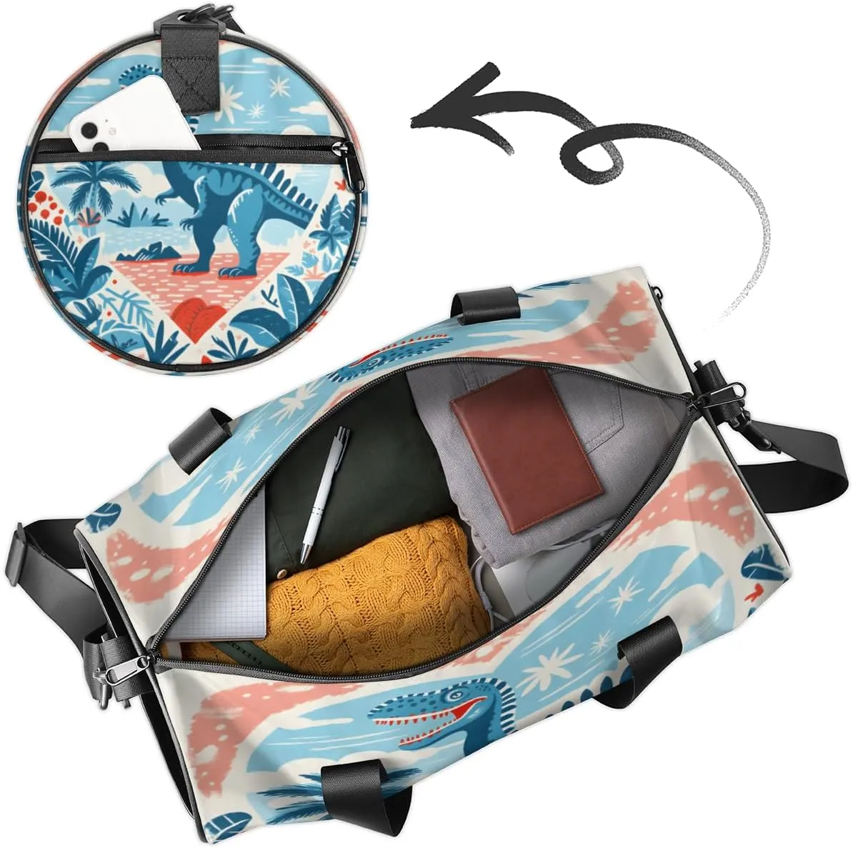 Cute Dance Bag Sport Duffel Gymnastics Sport Bags Custom Ballet Bag Overnight Weekender Bag Waterproof Pattern, Blue Dinosaur