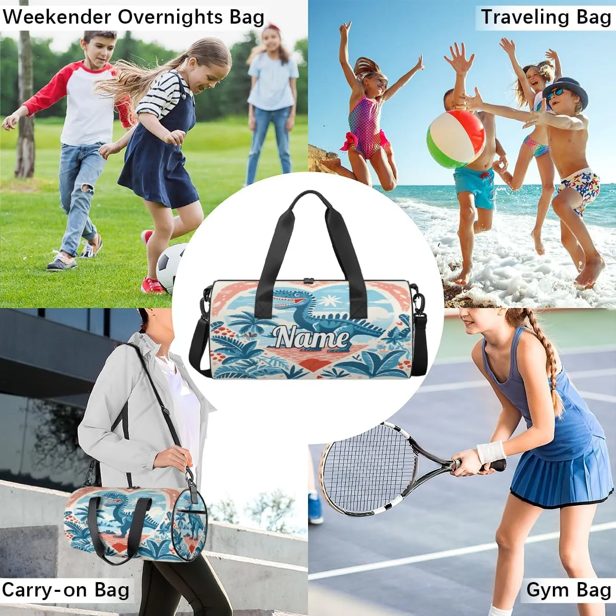Cute Dance Bag Sport Duffel Gymnastics Sport Bags Custom Ballet Bag Overnight Weekender Bag Waterproof Pattern, Blue Dinosaur