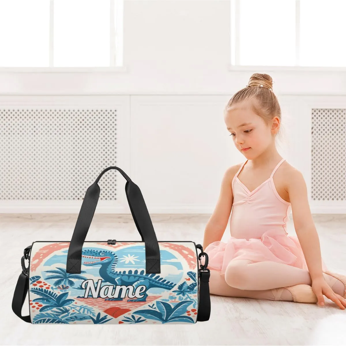 Cute Dance Bag Sport Duffel Gymnastics Sport Bags Custom Ballet Bag Overnight Weekender Bag Waterproof Pattern, Blue Dinosaur