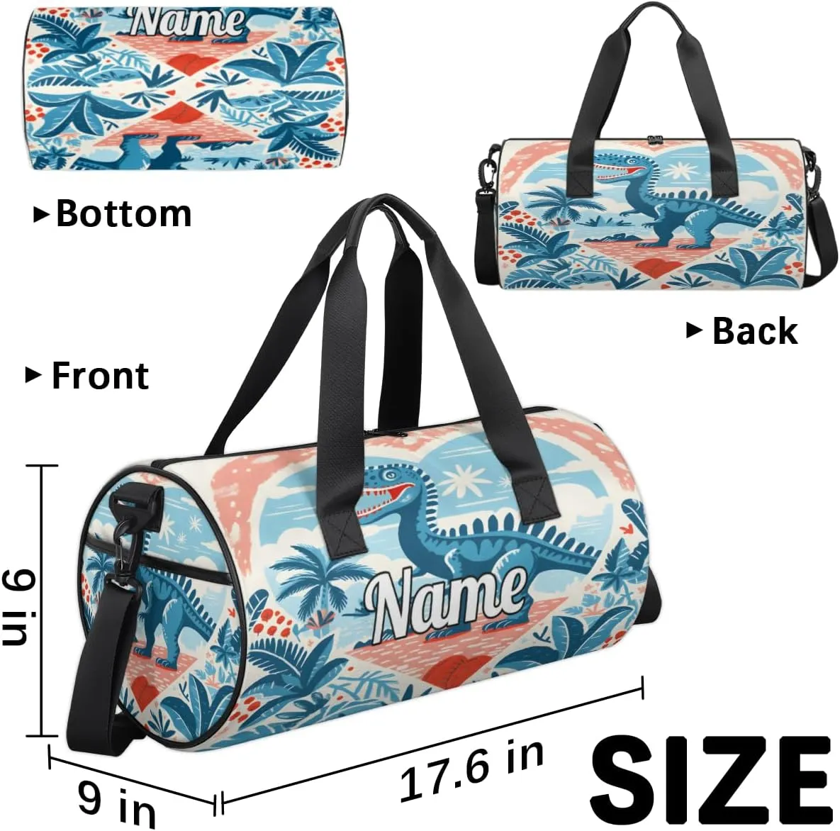 Cute Dance Bag Sport Duffel Gymnastics Sport Bags Custom Ballet Bag Overnight Weekender Bag Waterproof Pattern, Blue Dinosaur