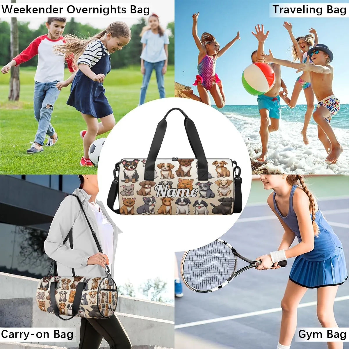Cute Dance Bag Sport Duffel Gymnastics Sport Bags Custom Ballet Bag Overnight Weekender Bag Waterproof Pattern, Dog