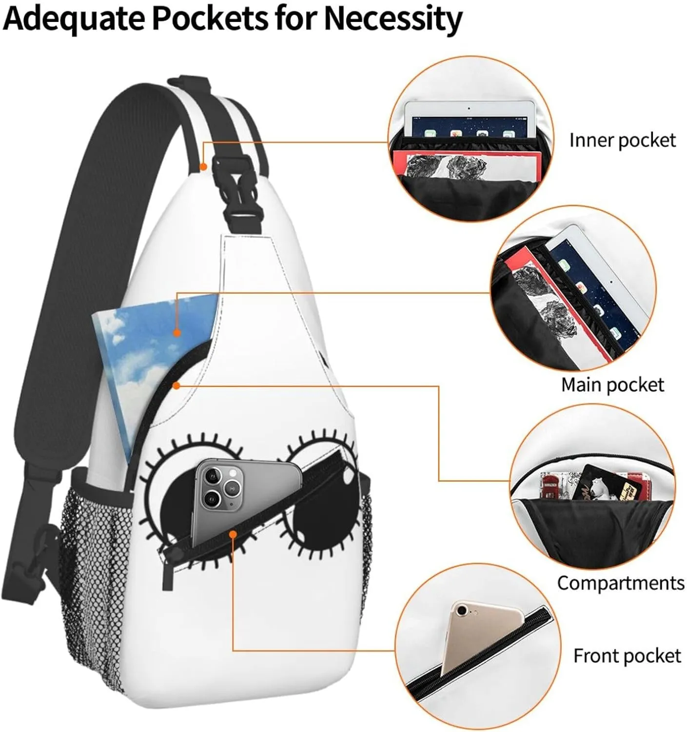 Cute Funny Cartoon Sketch Eyes Crossbody Bag Cross Chest Bag Adjustable Sling Backpack Sports Gym Shoulder Bags Travel Cycling Daypack Diagonally Casual Rucksack