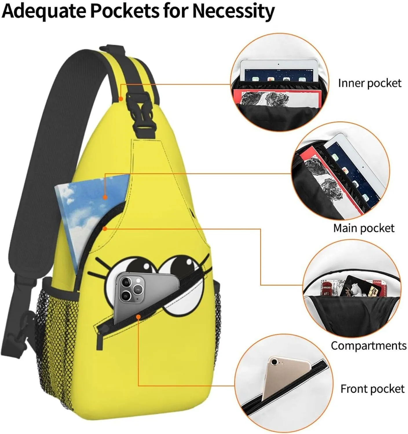 Cute Funny Cartoon Sketch Eyes Crossbody Bag Cross Chest Bag Adjustable Sling Backpack Sports Gym Shoulder Bags Travel Cycling Daypack Diagonally Casual Rucksack