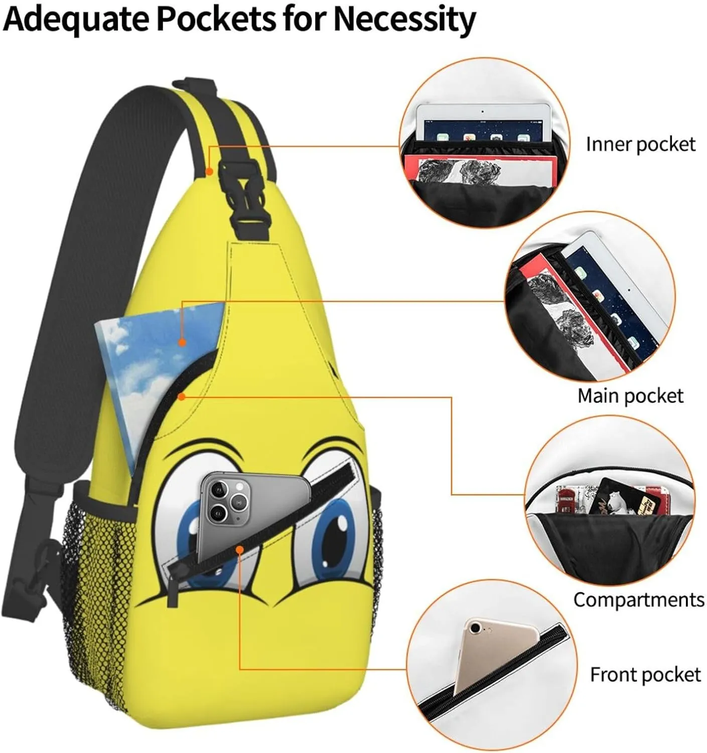 Cute Funny Cartoon Sketch Eyes Crossbody Bag Cross Chest Bag Adjustable Sling Backpack Sports Gym Shoulder Bags Travel Cycling Daypack Diagonally Casual Rucksack