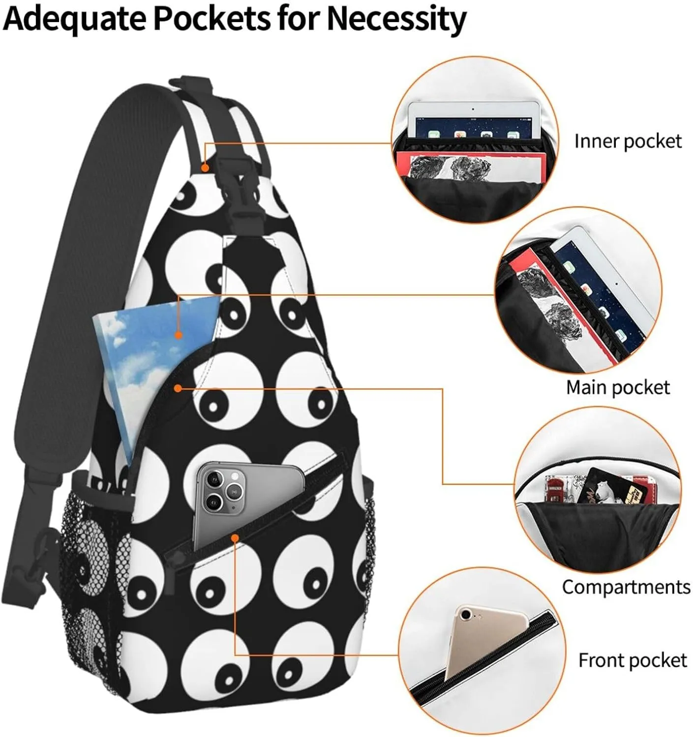 Cute Funny Cartoon Sketch Eyes Crossbody Bag Cross Chest Bag Adjustable Sling Backpack Sports Gym Shoulder Bags Travel Cycling Daypack Diagonally Casual Rucksack