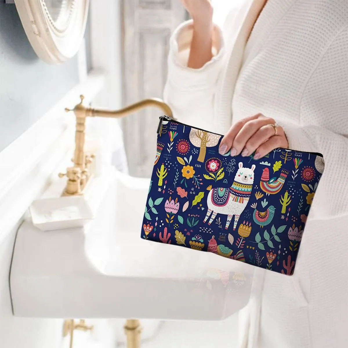 Cute Makeup Bag for Purse Canvas Waterproof Funny Cosmetic Bags for Women Zipper Travel Toiletry Pouch-Alpaca Makeup Bags-Navy