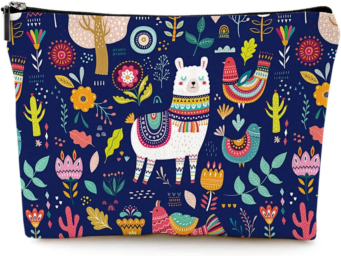 Cute Makeup Bag for Purse Canvas Waterproof Funny Cosmetic Bags for Women Zipper Travel Toiletry Pouch-Alpaca Makeup Bags-Navy