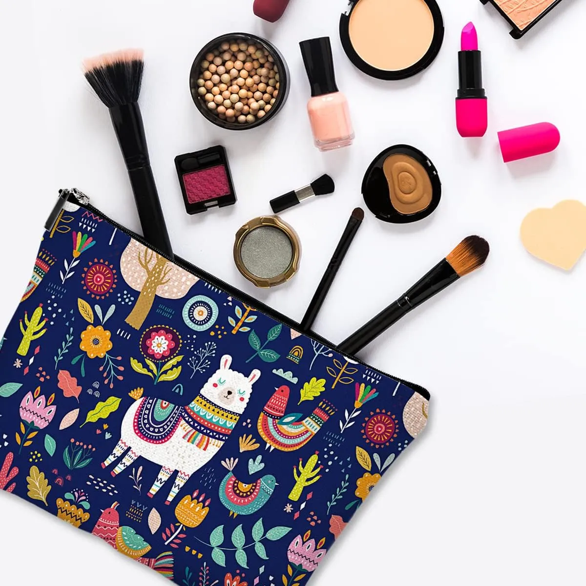 Cute Makeup Bag for Purse Canvas Waterproof Funny Cosmetic Bags for Women Zipper Travel Toiletry Pouch-Alpaca Makeup Bags-Navy
