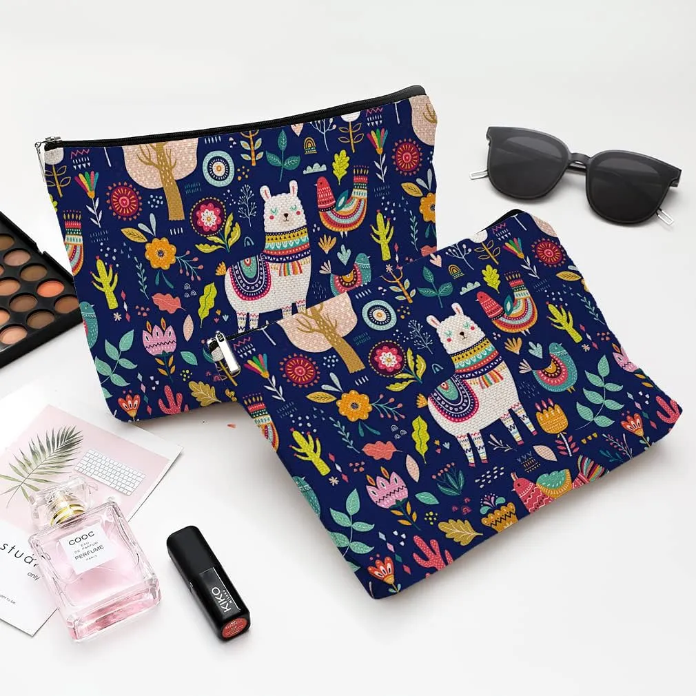 Cute Makeup Bag for Purse Canvas Waterproof Funny Cosmetic Bags for Women Zipper Travel Toiletry Pouch-Alpaca Makeup Bags-Navy