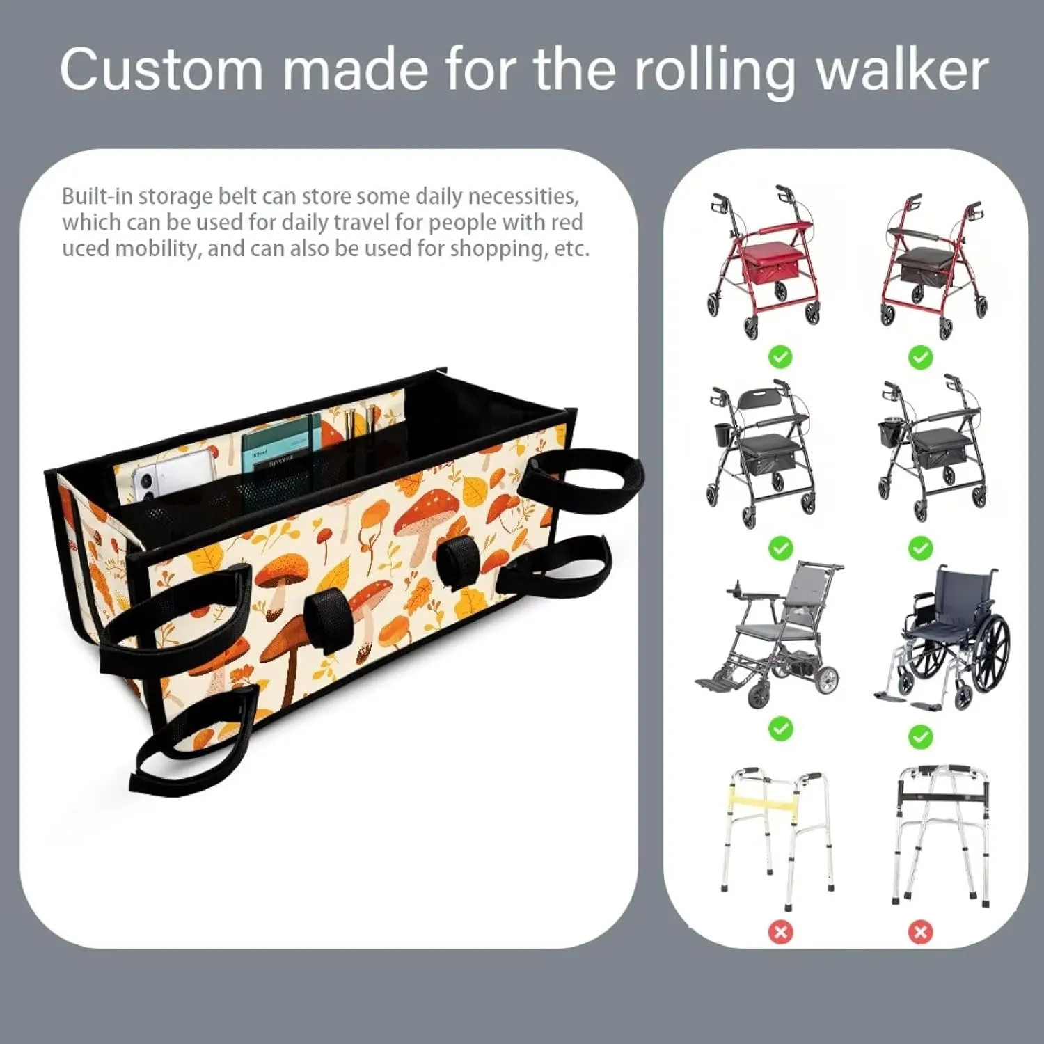 Cute Mushroom Rollator Bag with Storage Pockets Walker Basket Walker Accessories Walker Bags for Folding Walker for Elderly Gifts