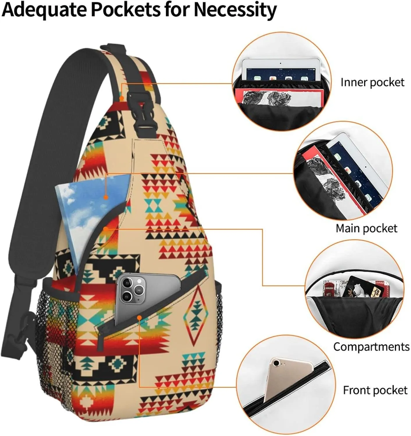 Cute Native American Sling Backpack Casual Indian Chest Bags Crossbody Travel Hiking Daypack For Women Men