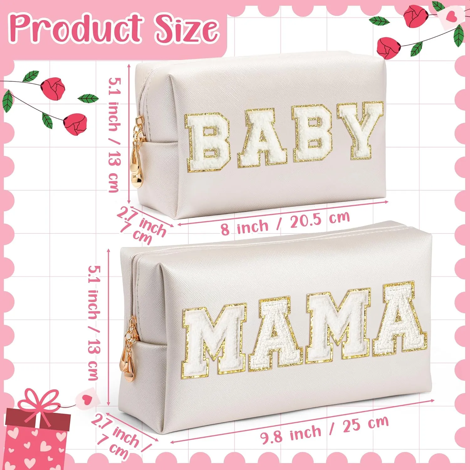 CY2SIDE MAMA Baby Letter Makeup Bag - 2PCS White MAMA and BABY Chenille Letter Patch Cosmetic Bag Pink PU Leather Patch Pouch Waterproof Portable Zipper Travel Organizer Case Xmas Gifts for Mom Women