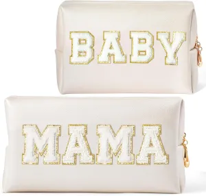 CY2SIDE MAMA Baby Letter Makeup Bag - 2PCS White MAMA and BABY Chenille Letter Patch Cosmetic Bag Pink PU Leather Patch Pouch Waterproof Portable Zipper Travel Organizer Case Xmas Gifts for Mom Women