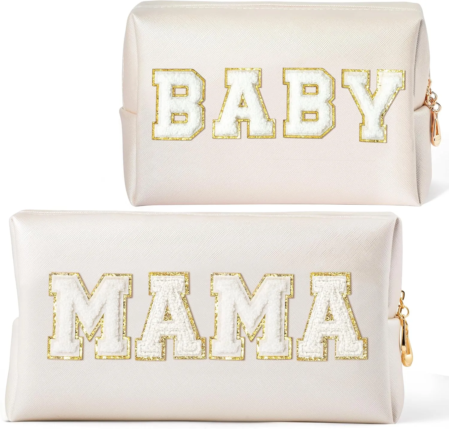 CY2SIDE MAMA Baby Letter Makeup Bag - 2PCS White MAMA and BABY Chenille Letter Patch Cosmetic Bag Pink PU Leather Patch Pouch Waterproof Portable Zipper Travel Organizer Case Xmas Gifts for Mom Women