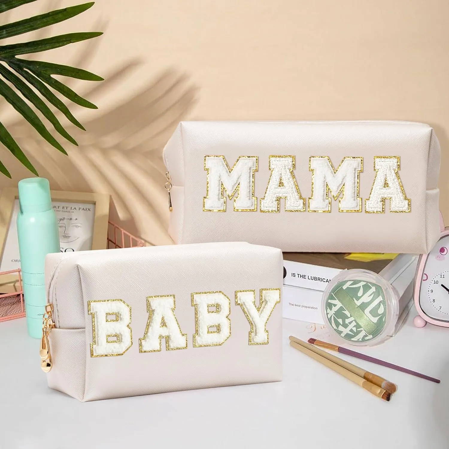 CY2SIDE MAMA Baby Letter Makeup Bag - 2PCS White MAMA and BABY Chenille Letter Patch Cosmetic Bag Pink PU Leather Patch Pouch Waterproof Portable Zipper Travel Organizer Case Xmas Gifts for Mom Women