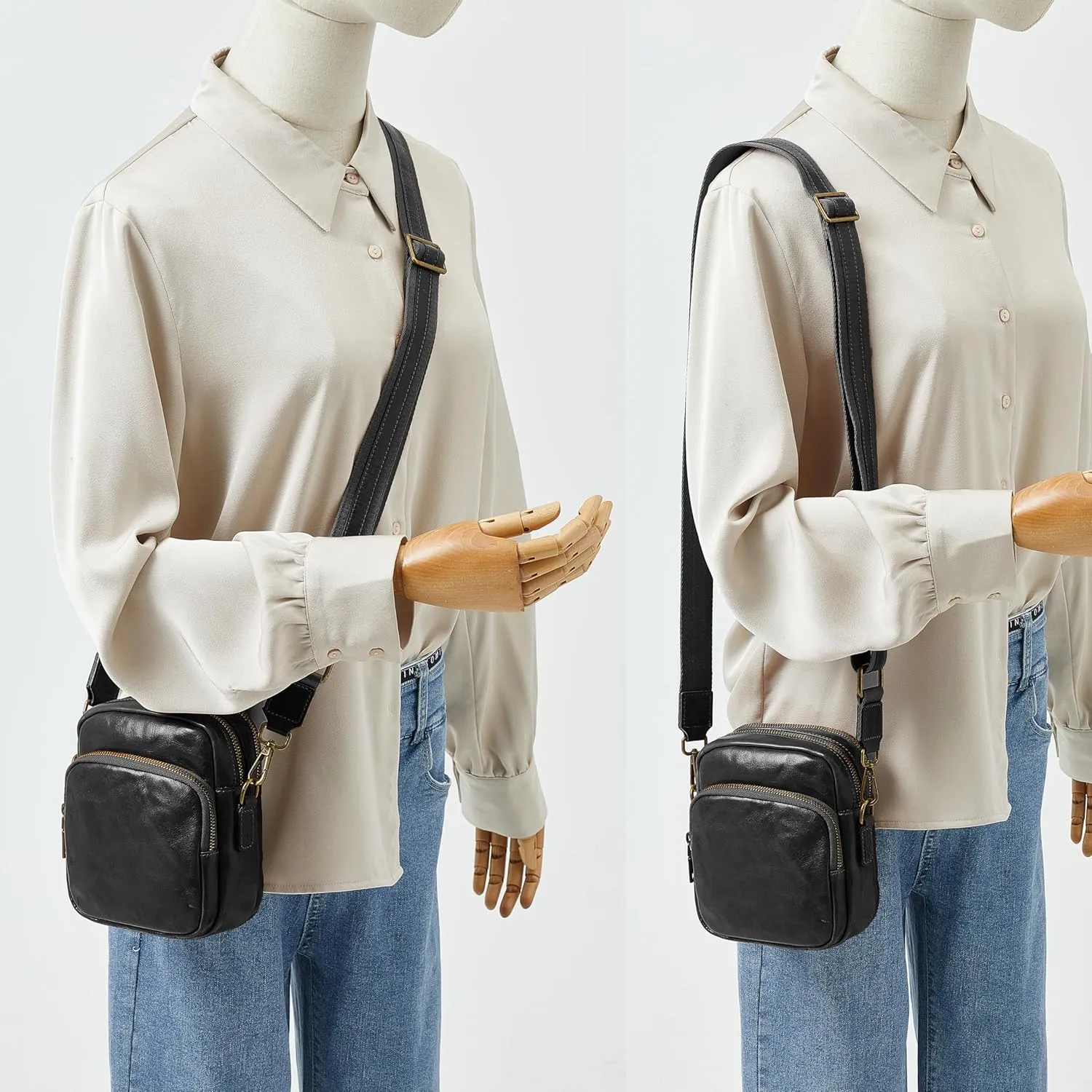 DAILANDO Small Genuine Leather Crossbody Bags for Women Vintage Triple Zip Cell Phone Shoulder Bag With Adjustable Long Strap