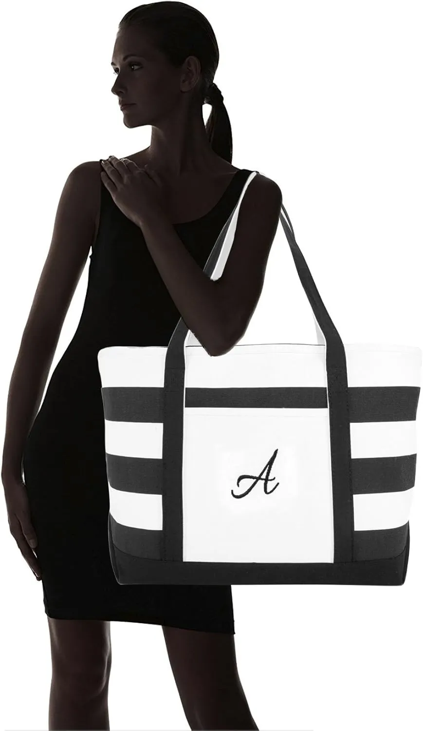 DALIX Striped Beach Bag Tote Bags Canvas Personalized Black Ballent Letter A - Z