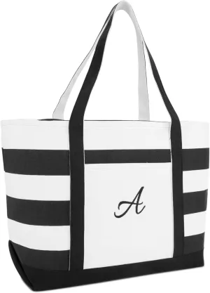 DALIX Striped Beach Bag Tote Bags Canvas Personalized Black Ballent Letter A - Z