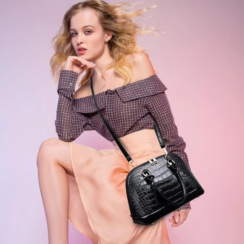 Dayfine Classic Dome Satchel Bags for Women Crocodile Pattern Faux Leather Crossbody Bags Top Handle Handbags Zipper Purse