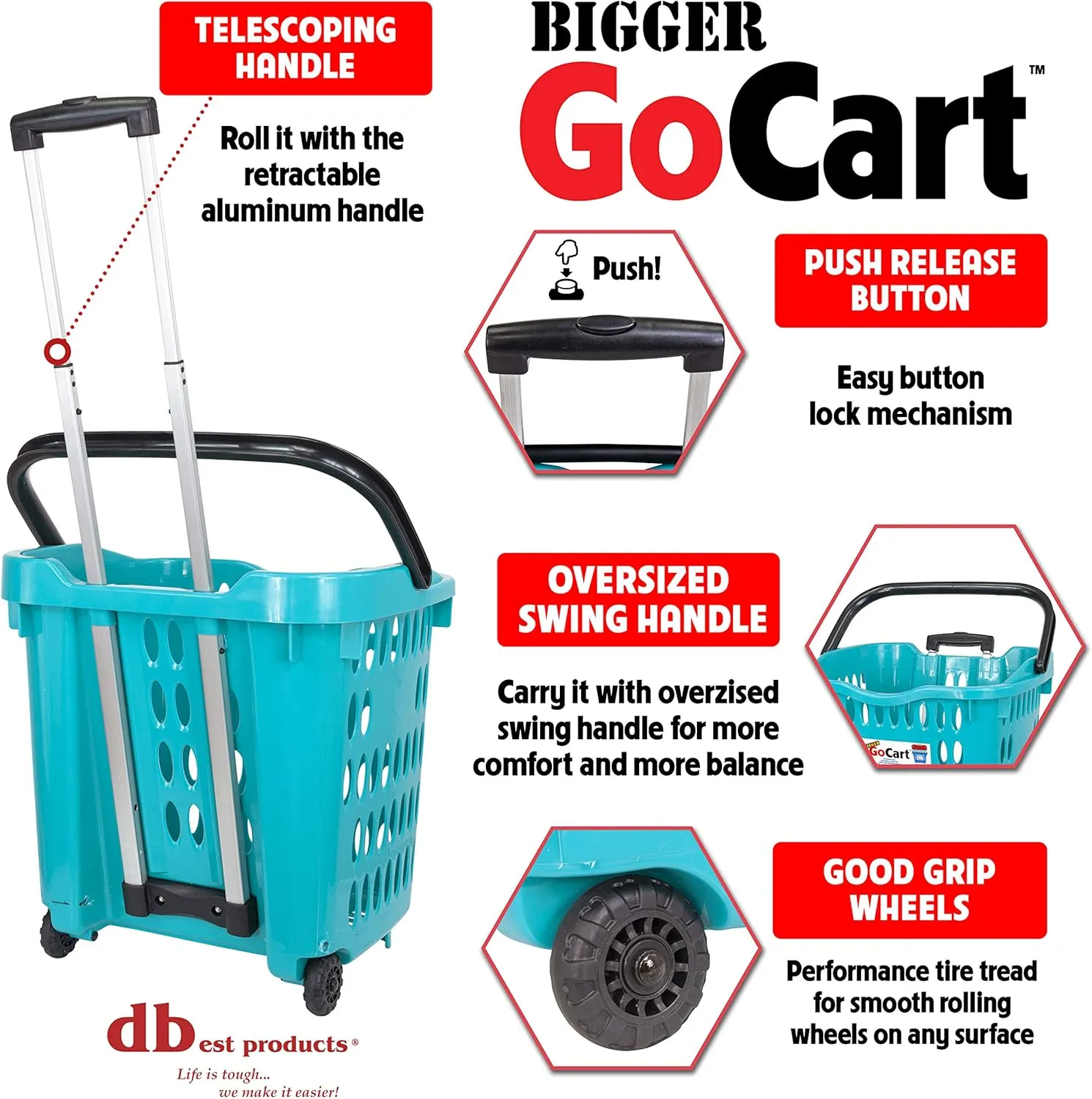 dbest products Bigger GoCart Grocery Cart Rolling Shopping Laundry Basket on Wheels Hamper with Telescopic Handle Cleaning Caddy Trolley, Teal, Bigger 1 pack