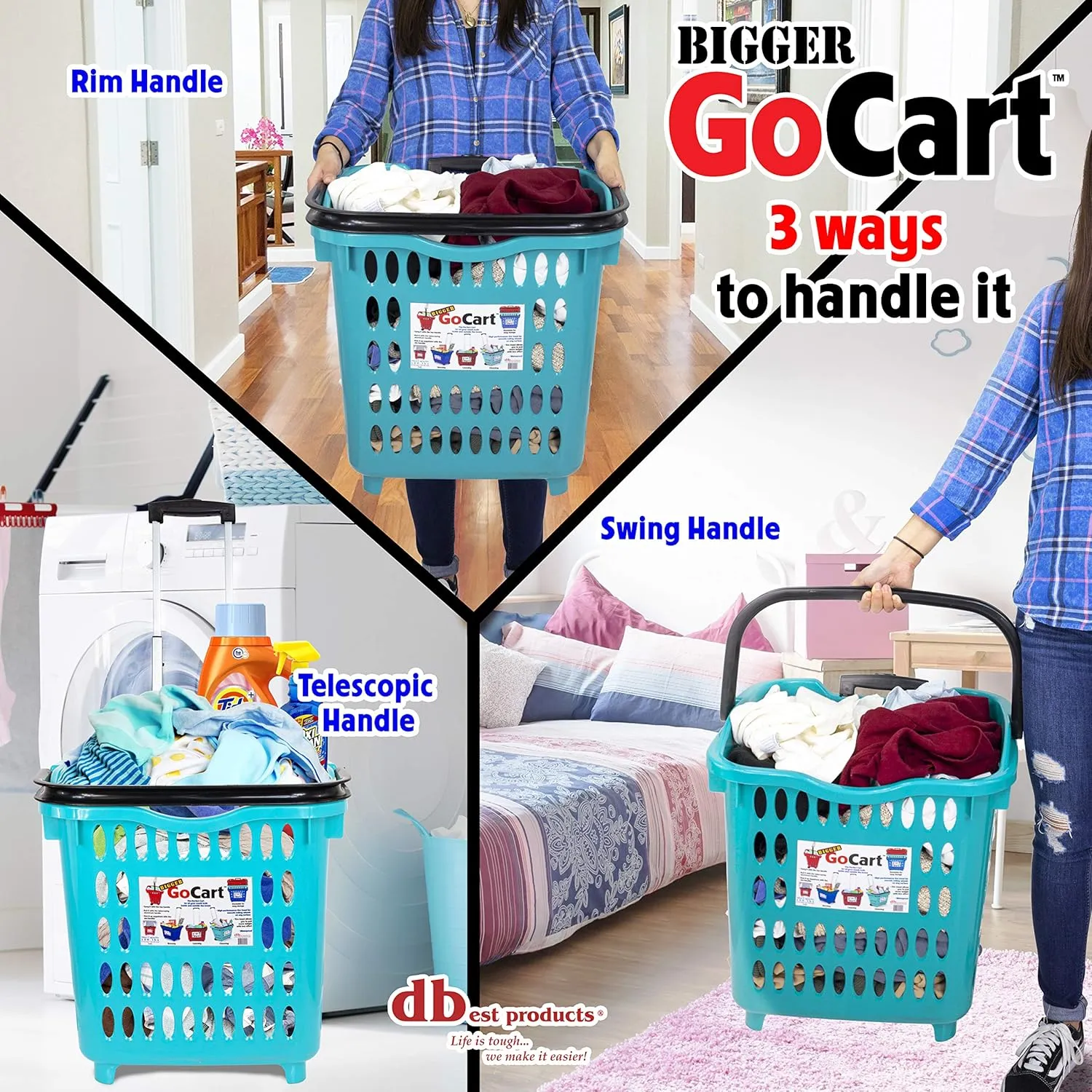 dbest products Bigger GoCart Grocery Cart Rolling Shopping Laundry Basket on Wheels Hamper with Telescopic Handle Cleaning Caddy Trolley, Teal, Bigger 1 pack