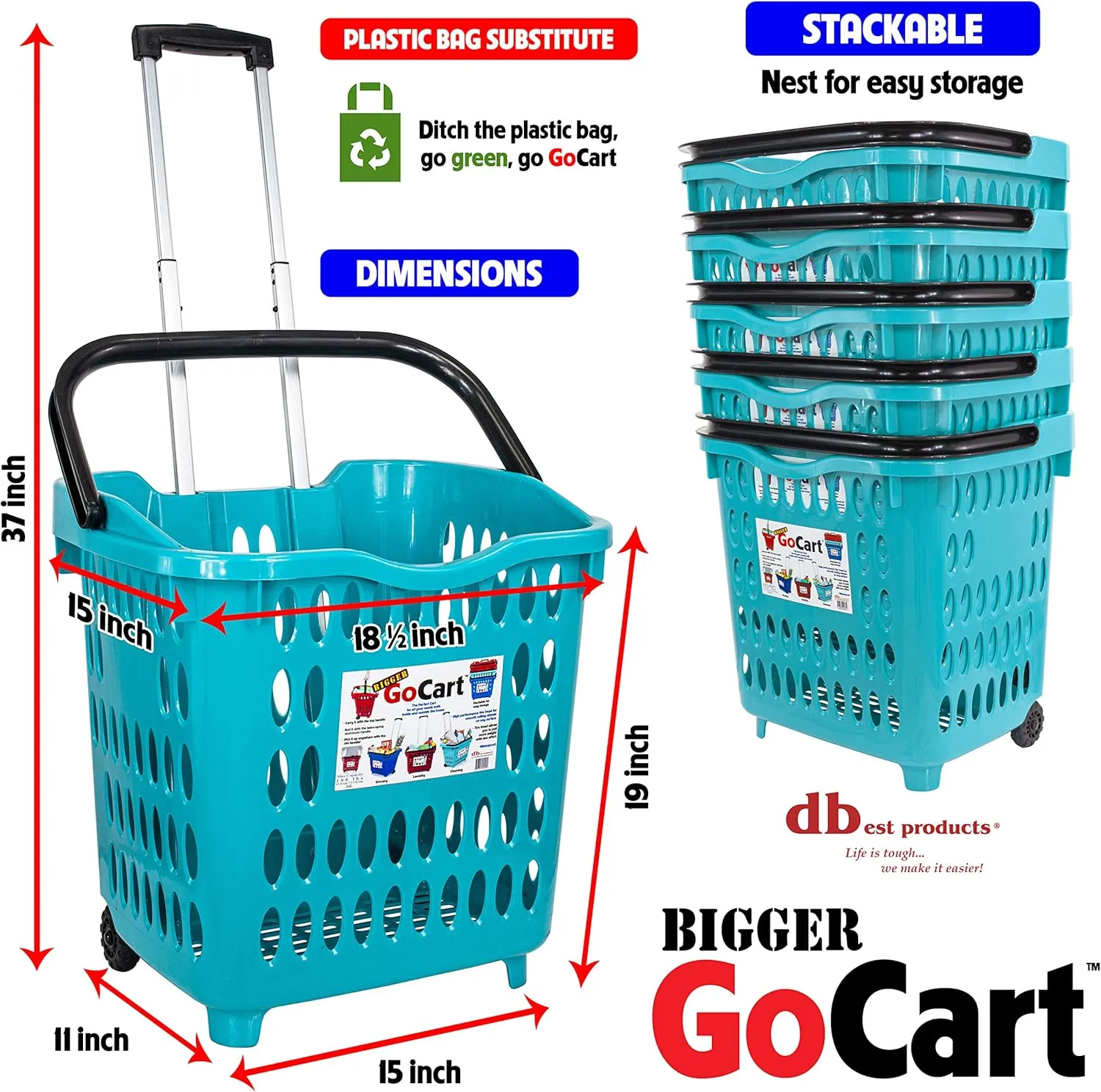 dbest products Bigger GoCart Grocery Cart Rolling Shopping Laundry Basket on Wheels Hamper with Telescopic Handle Cleaning Caddy Trolley, Teal, Bigger 1 pack