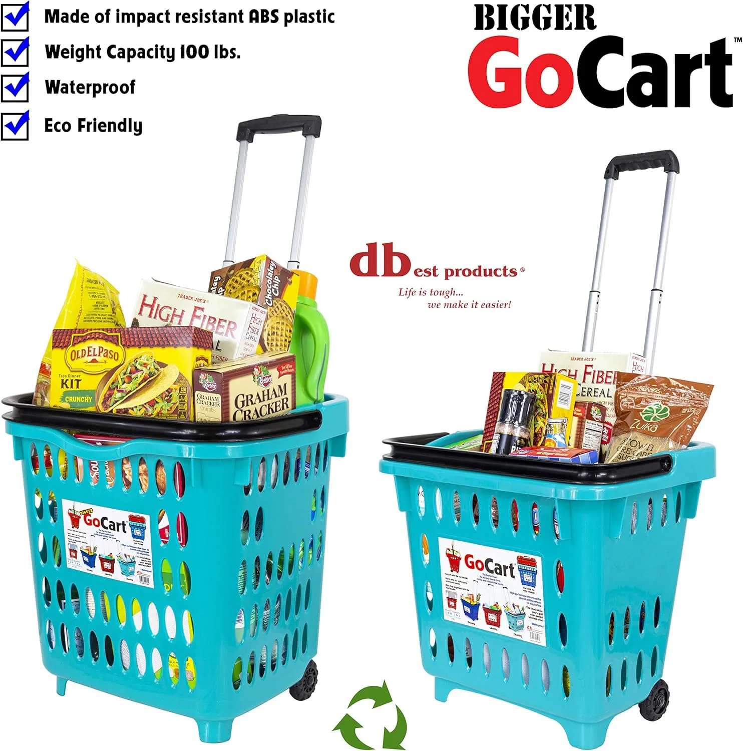 dbest products Bigger GoCart Grocery Cart Rolling Shopping Laundry Basket on Wheels Hamper with Telescopic Handle Cleaning Caddy Trolley, Teal, Bigger 1 pack