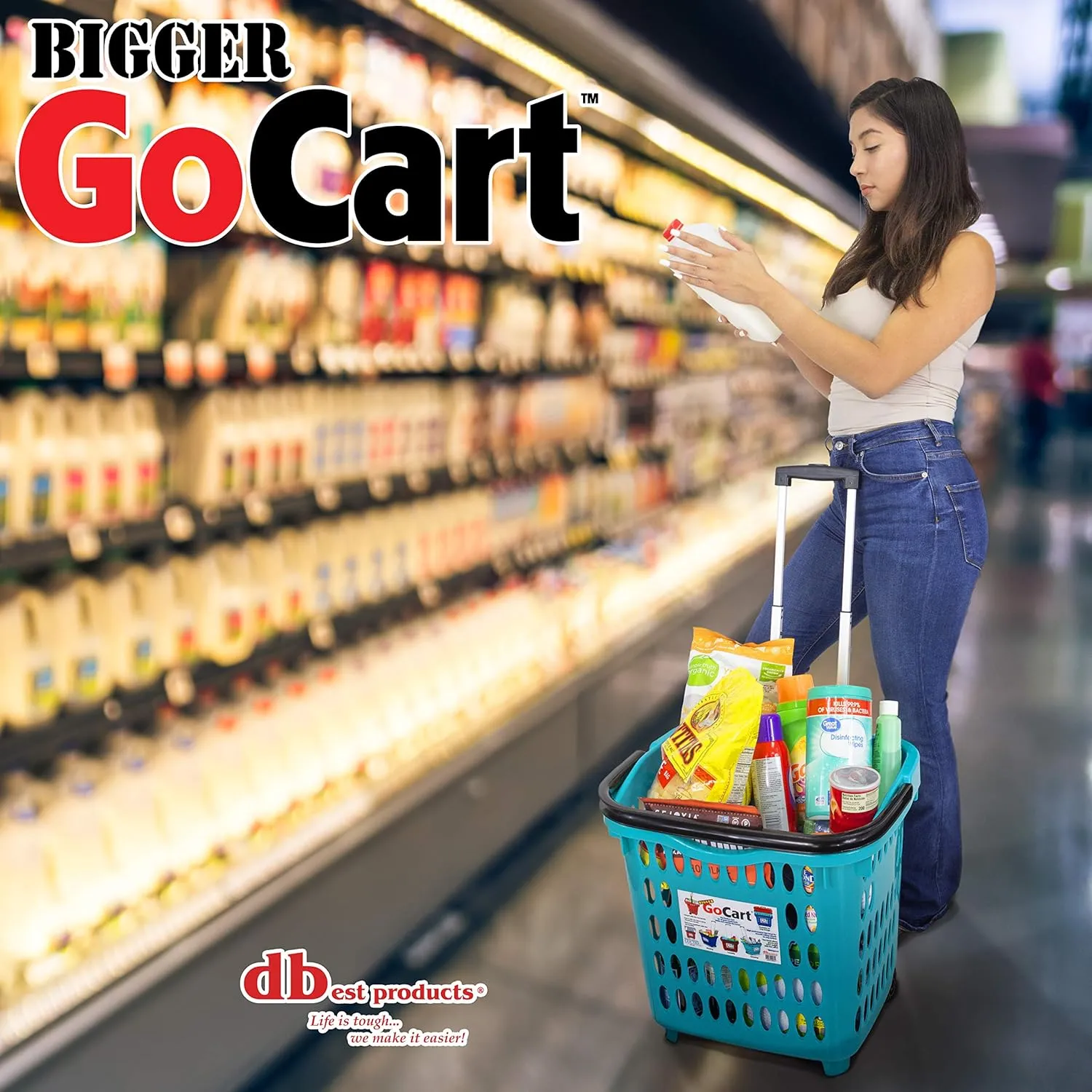 dbest products Bigger GoCart Grocery Cart Rolling Shopping Laundry Basket on Wheels Hamper with Telescopic Handle Cleaning Caddy Trolley, Teal, Bigger 1 pack