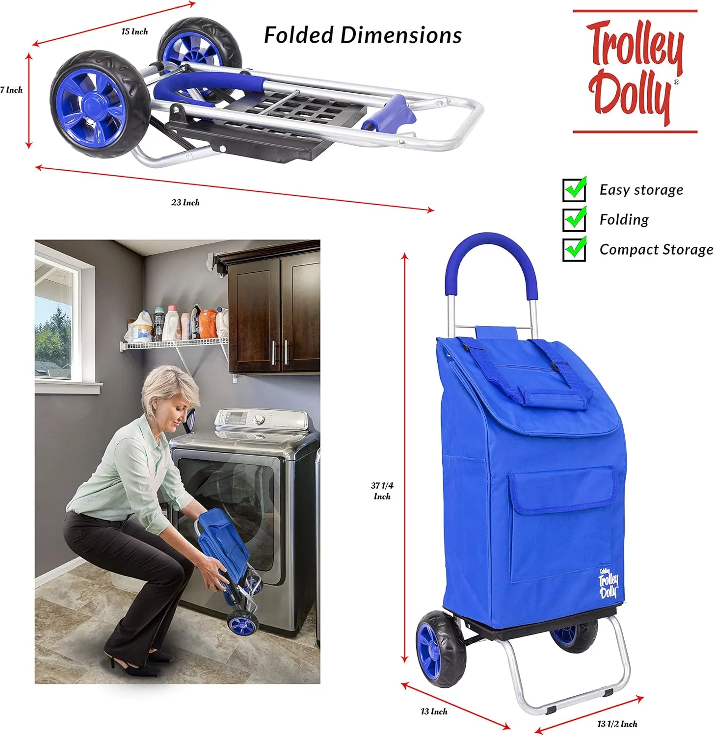dbest products Trolley Dolly Blue Foldable Shopping cart for Groceries with Wheels and Removable Bag and Rolling Personal Handtruck, Standard