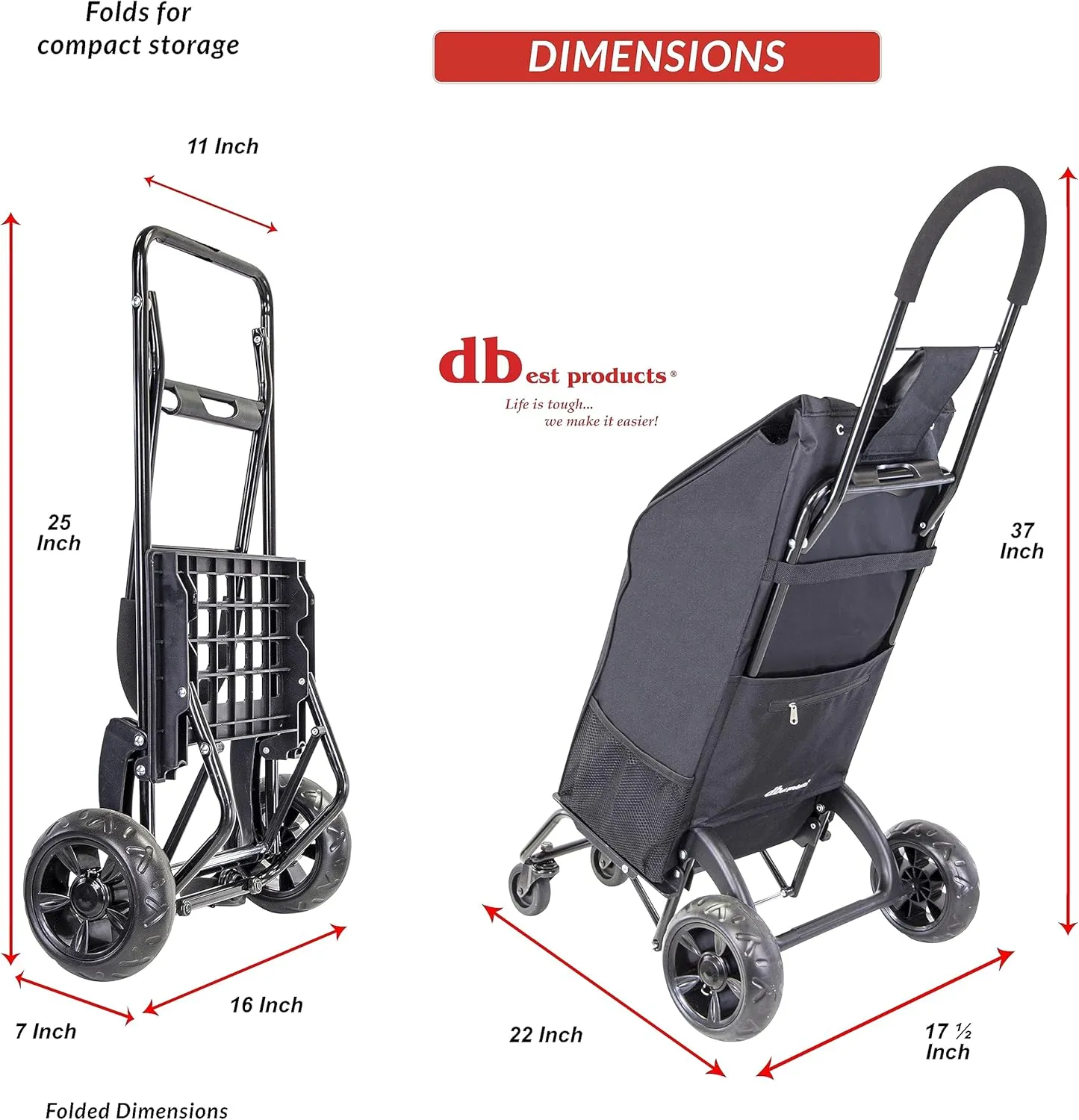 dbest products Trolley Dolly Rover with Bag, 4 Wheeled Grocery Shopping Cart Push Folding Utility Hand Truck Swivel Wheels Garden Lightweight Luggage Carrito de Compras Plegable