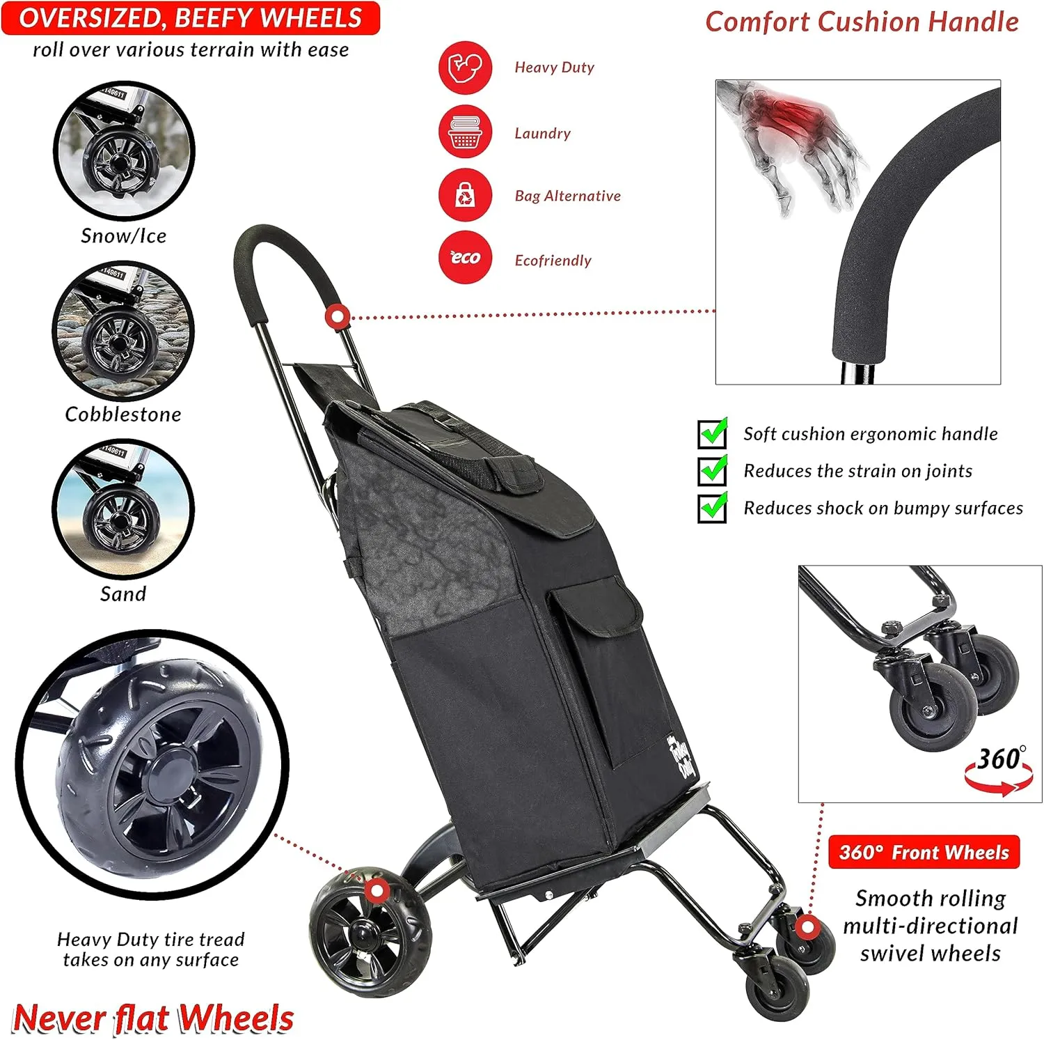 dbest products Trolley Dolly Rover with Bag, 4 Wheeled Grocery Shopping Cart Push Folding Utility Hand Truck Swivel Wheels Garden Lightweight Luggage Carrito de Compras Plegable