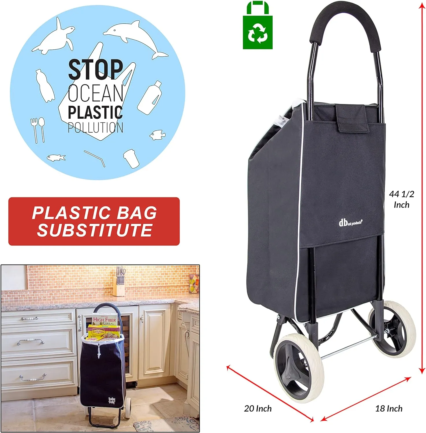 dbest products Trolley Dolly Sport Foldable Shopping cart for Groceries with Wheels and Removable Bag and Rolling Personal Handtruck Carrito de Compras con Ruedas, Black