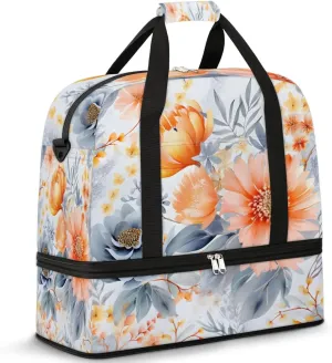 Delicate Patterns Flower Retro Travel Duffle Bag, Collapsible Travel Bag Sports Gym Bag With Shoes Compartment Weekender Bag Overnight Bag For Women Men